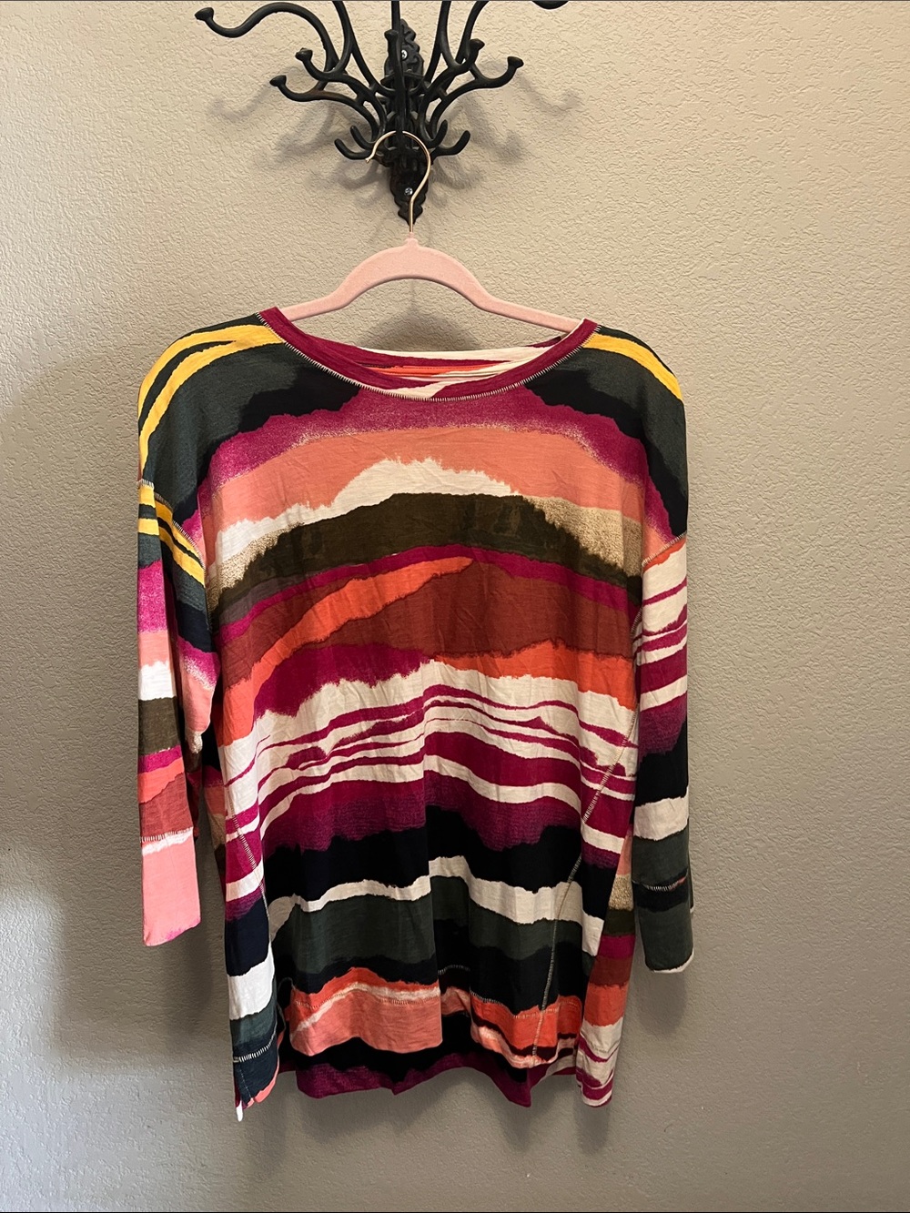 Westbound Long Sleeve Striped Scoop Neck Top in Pink, Orange, Black & Cream